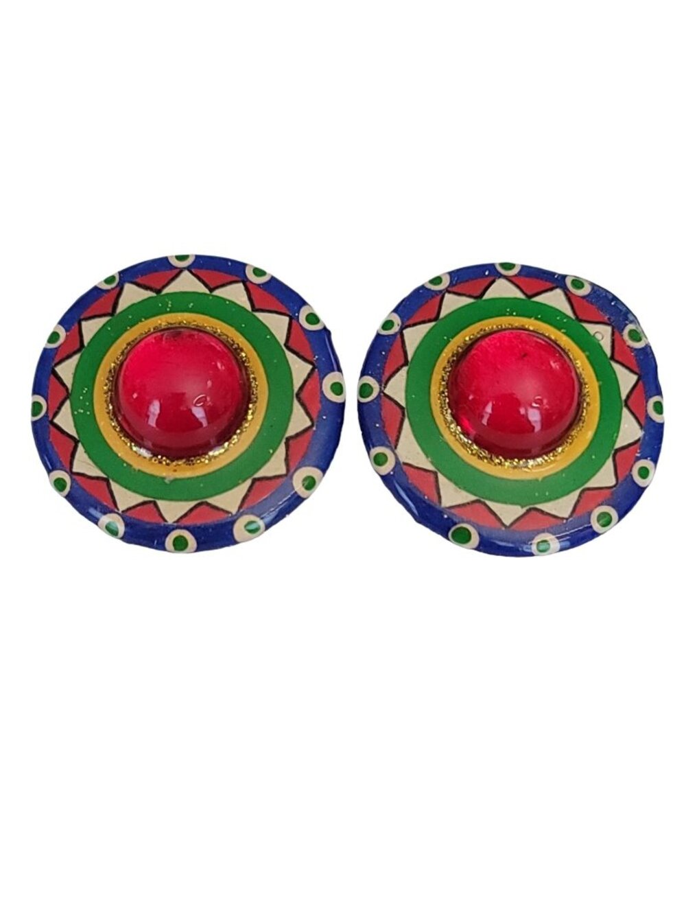Signed DCZ Blue Red Resin Round Dome Cab Clip-On Earrings, M407